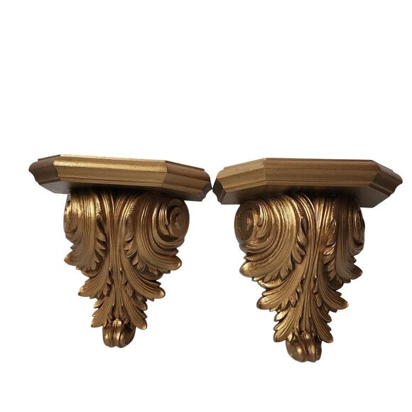 Vintage Burwood Shelves Homco Gold Hollywood 8" Regency Wall Accent Set Of 2 - Picture 1 of 10